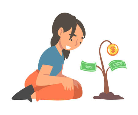 Woman Character Watching Money Tree Seedling Growing with Coin and Banknote Vector Illustrationのイラスト素材