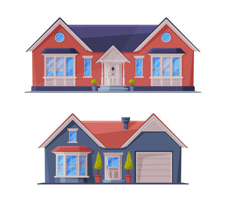 Detached House or Cottage Facade and Exterior as Suburban Residential Property Vector Setのイラスト素材