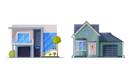 Detached House or Cottage Facade and Exterior as Suburban Residential Property Vector Setのイラスト素材
