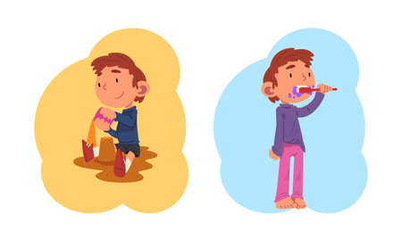 Schoolchild Daily Routine with Boy Brushing His Teeth and Playing in Sandpit Vector Setのイラスト素材