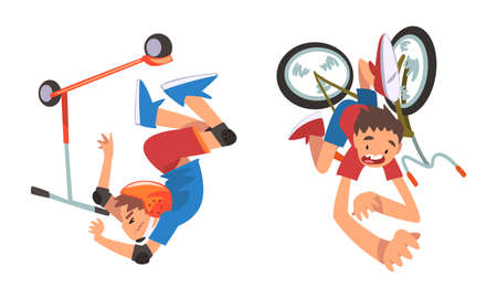 Boy Falling Off Bike and Kick Scooter Vector Setのイラスト素材