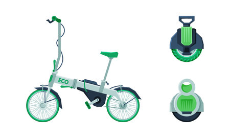 Electric Unicycle and Bicycle as Eco City Transport and Urban Vehicle Vector Setのイラスト素材