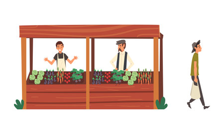 Local Market Stall with Salesman Trading Vegetables Vector Setのイラスト素材