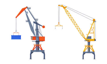 Crane Machine Equipped with Hoist Rope and Sheaves for Lifting and Lower Heavy Freight Vector Setのイラスト素材
