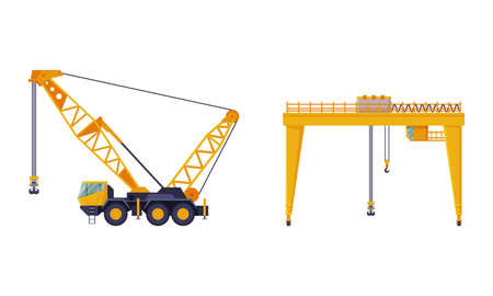 Crane Machine Equipped with Hoist Rope and Sheaves for Lifting and Lower Heavy Freight Vector Setのイラスト素材