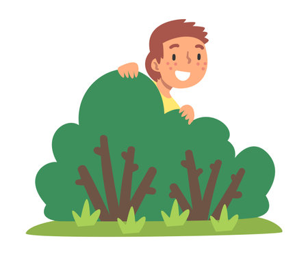 Little Boy Playing Hide and Seek Concealing Behind Bush Vector Illustrationのイラスト素材