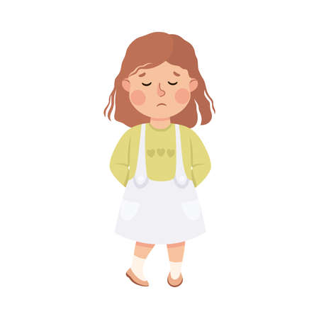 Little Girl Standing Looking Down and Feeling Sad Vector Illustrationのイラスト素材