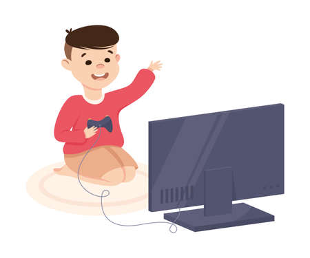 Cute Boy with Joystick Sitting on the Floor and Playing Video Game Vector Illustrationのイラスト素材