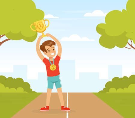 Smiling Boy with Golden Cup and Medal Award Standing and Cheering Vector Illustrationのイラスト素材