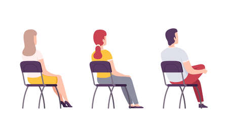Young Male and Female Student Sitting on Chair in Class Back View Vector Setのイラスト素材