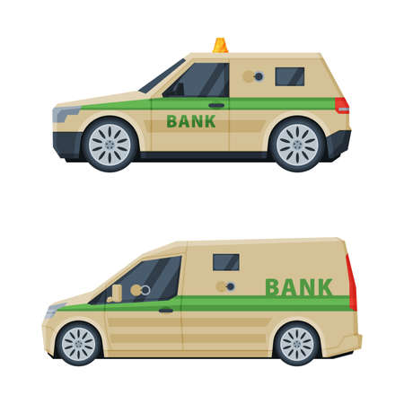 Bank or Cash-in-transit Vehicle Transfering and Transporting Valuables Vector Setのイラスト素材