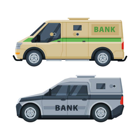 Bank or Cash-in-transit Vehicle Transfering and Transporting Valuables Vector Setのイラスト素材