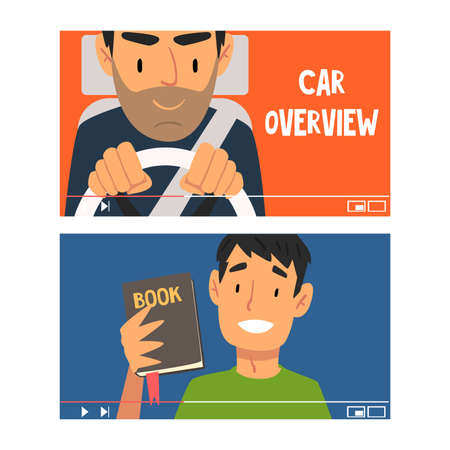 Man Vlogger Video Streaming in the Internet Making Car Overview and Book Vlog Vector Setのイラスト素材
