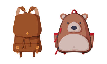 Fashionable Backpack or Rucksack with Two Straps Carried Over Shoulder Vector Setのイラスト素材