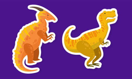 Dinosaur Character Sticker Isolated on Blue Background Vector Set. Pretty Reptile as Extinct Fauna and Beast Conceptのイラスト素材