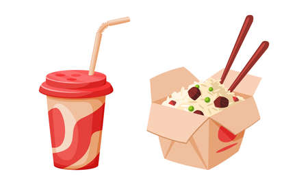 Soda in Cup with Straw and Carton Box with Rice and Chopsticks as Fast Food Vector Setのイラスト素材