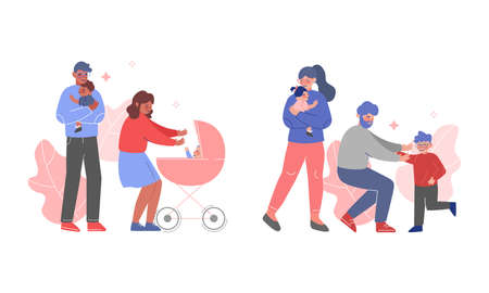 Parent and His Growing Son and Daughter Vector Setのイラスト素材