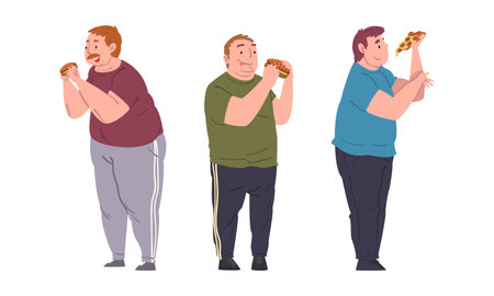 Cheerful Fat People Character Eating Pizza and Hamburger Vector Setのイラスト素材
