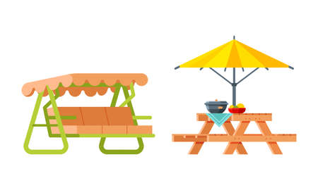 Garden Swing with Awning and Table Served with Food for Barbecue and Picnic Vector Set. Backyard Area Object for Rest and Relax During Summer Conceptのイラスト素材