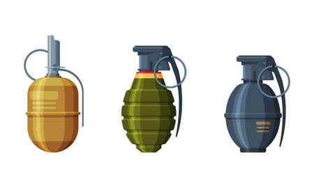 Grenade or Shell as Explosive Weapon Thrown by Hand Vector Setのイラスト素材