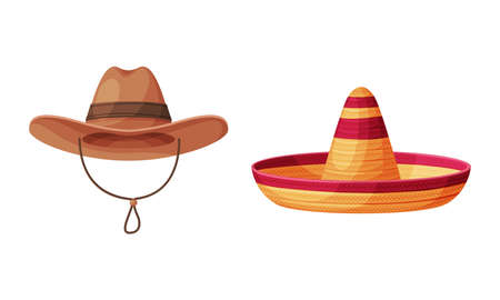Straw Hat as Brimmed Woven Headdress with Sombrero and Cowboy Hat Vector Setのイラスト素材