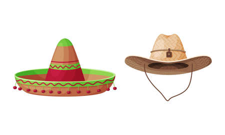 Straw Hat as Brimmed Woven Headdress with Sombrero and Cowboy Hat Vector Setのイラスト素材