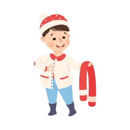 Little Boy Changing His Clothes Buttoning Coat Vector Illustrationのイラスト素材