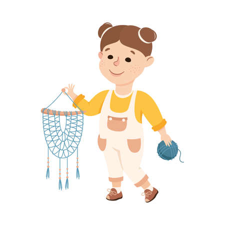 Creative Girl with Dream Catcher Made from Yarn as Handcrafted Item Vector Illustration. Smiling Little Kid Engaged in Hobby Enjoying Recreation Workshop Activity Conceptのイラスト素材