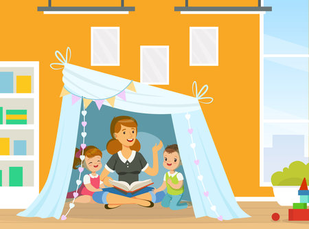 Mother with Cute Little Children Sitting in Teepee Tent and Reading Book Vector Illustrationのイラスト素材