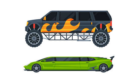 Limousine as Long Wheelbase Luxury Urban Transport Vector Setのイラスト素材