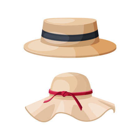 Straw Hat as Brimmed Woven Headdress Vector Setのイラスト素材