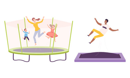Cheerful People Character Jumping and Bouncing on Trampoline Having Fun Vector Setのイラスト素材