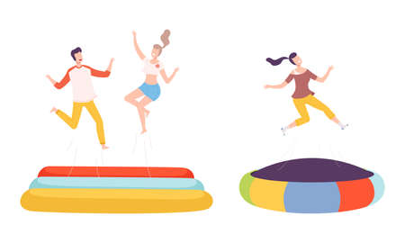Cheerful People Character Jumping and Bouncing on Trampoline Having Fun Vector Setのイラスト素材