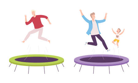 Cheerful People Character Jumping and Bouncing on Trampoline Having Fun Vector Setのイラスト素材