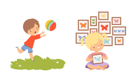 Little Boy Playing Ball Running on Meadow and Girl Holding Frame with Butterfly Vector Setのイラスト素材
