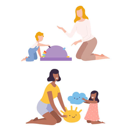 Young Mom with Her Kid Playing Toys in Playroom Vector Setのイラスト素材