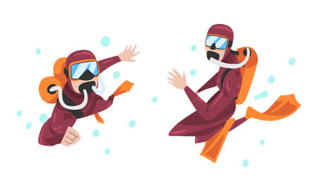 Scuba Diving Man and Woman with Breathing Equipment and Flippers Diving Underwater Vector Setのイラスト素材