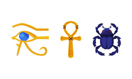 Eye of Horus, Ankh Key and Scarab Beetle as Ancient Egyptian Symbol Vector Set