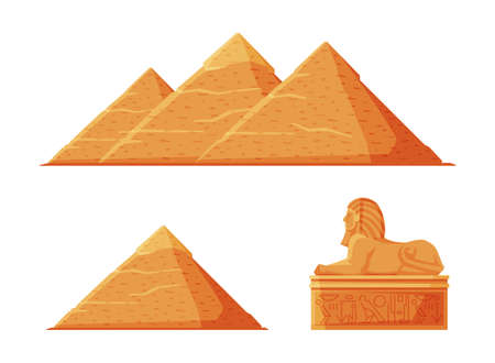 Ancient Egypt Sphinx Sand Statue and Pyramid Side View Vector Set