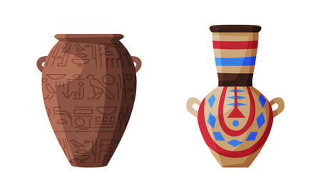 Egyptian Clay Vase with Old Ornament Vector Setのイラスト素材