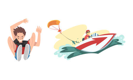 Man Jumping with Parachute and Parasailing Engaged in Extreme Sport Activity Vector Setのイラスト素材