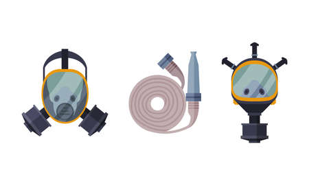 Firefighter Gas Mask and Fire Hose as Firefighting Equipment Vector Setのイラスト素材
