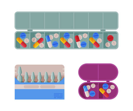 Pills in Container and Ampoule Pack as Pharmaceutical Drug or Medication Vector Setのイラスト素材