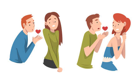 Man and Woman Experiencing Unrequited Love Feeling Vector Setのイラスト素材