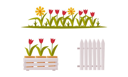 Wooden Fence and Palisade with Growing Garden Flowers Vector Setのイラスト素材