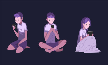 People Character Using Digital Gadget at Night Sitting on Bed in the Dark Vector Setのイラスト素材