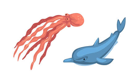 Underwater Animals with Jellyfish and Dolphin Vector Setのイラスト素材