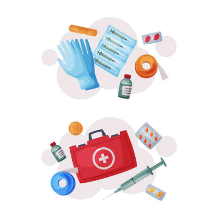 First Aid Kit Box with Medication for Medical Care Vector Setのイラスト素材