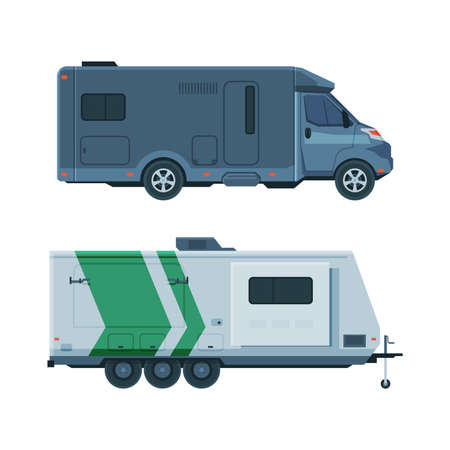 Caravan or Travel Trailer as Towed Behind Road Vehicle Side View Vector Setのイラスト素材
