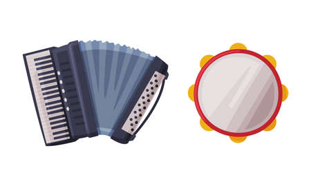 Accordions and Tambourine as Musical Instrument Vector Setのイラスト素材